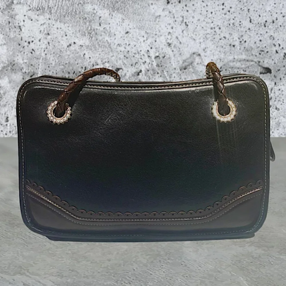 Brighton Leather Rect Shoulder Bag Purse Black and Brown Woven Straps - Picture 3 of 13